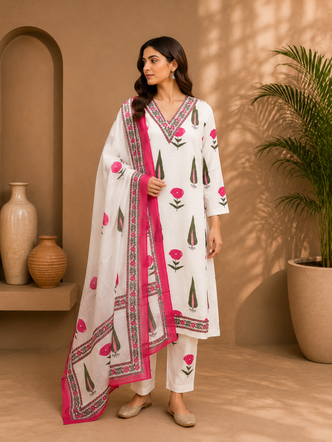 Women's Cotton Block Print Kurta Pant Set with Dupatta – White & Pink Floral